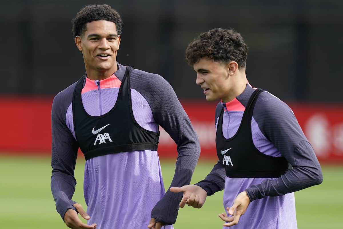 LIVERPOOL, ENGLAND - Wednesday, September 20, 2023: Liverpool's Jarell Quansah (L) with Liverpool’s Stefan Baj?eti? during a training session at the AXA Training Centre ahead of the UEFA Europa League Group E match between LASK and Liverpool FC. (Pic by Andrew Yeats/Propaganda)