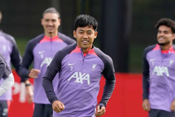 LIVERPOOL, ENGLAND - Wednesday, September 20, 2023: Liverpool's Wataru Endo (C) during a training session at the AXA Training Centre ahead of the UEFA Europa League Group E match between LASK and Liverpool FC. (Pic by Andrew Yeats/Propaganda)