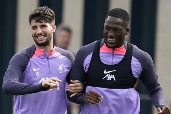 LIVERPOOL, ENGLAND - Wednesday, September 20, 2023: Liverpool's Dominik Szoboszlai (L) with Liverpoolís Ibrahima Konate during a training session at the AXA Training Centre ahead of the UEFA Europa League Group E match between LASK and Liverpool FC. (Pic by Andrew Yeats/Propaganda)