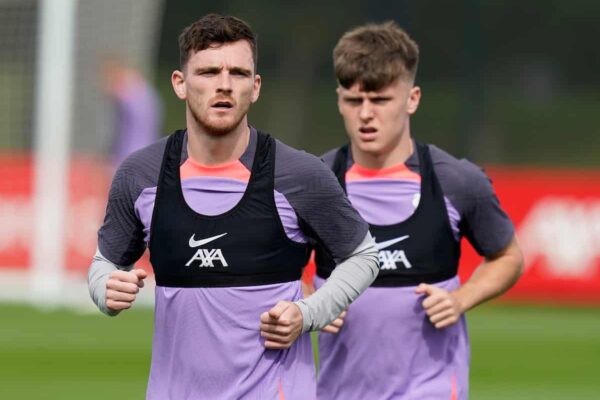 LIVERPOOL, ENGLAND - Wednesday, September 20, 2023: Liverpool's Andrew Robertson (L) during a training session at the AXA Training Centre ahead of the UEFA Europa League Group E match between LASK and Liverpool FC. (Pic by Andrew Yeats/Propaganda)