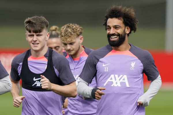 LIVERPOOL, ENGLAND - Wednesday, September 20, 2023: Liverpool's Mohamed Salah (R) and Ben Doak (L) during a training session at the AXA Training Centre ahead of the UEFA Europa League Group E match between LASK and Liverpool FC. (Pic by Andrew Yeats/Propaganda)