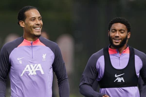 LIVERPOOL, ENGLAND - Wednesday, September 20, 2023: Liverpoolís Virgil van Dijk (L) with Liverpoolís Joe Gomez during a training session at the AXA Training Centre ahead of the UEFA Europa League Group E match between LASK and Liverpool FC. (Pic by Andrew Yeats/Propaganda)