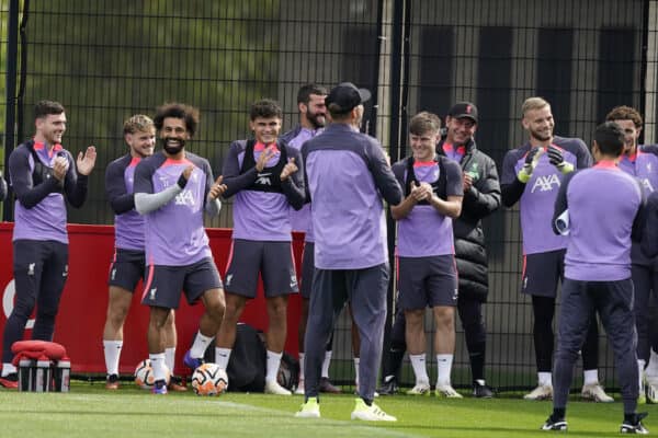 LIVERPOOL, ENGLAND - Wednesday, September 20, 2023: Liverpool players sing happy birthday to a staff member during a training session at the AXA Training Centre ahead of the UEFA Europa League Group E match between LASK and Liverpool FC. (Pic by Andrew Yeats/Propaganda)