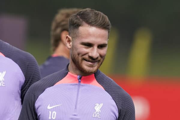 LIVERPOOL, ENGLAND - Wednesday, September 20, 2023: Liverpool's Alexis Mac Allister (C) during a training session at the AXA Training Centre ahead of the UEFA Europa League Group E match between LASK and Liverpool FC. (Pic by Andrew Yeats/Propaganda)