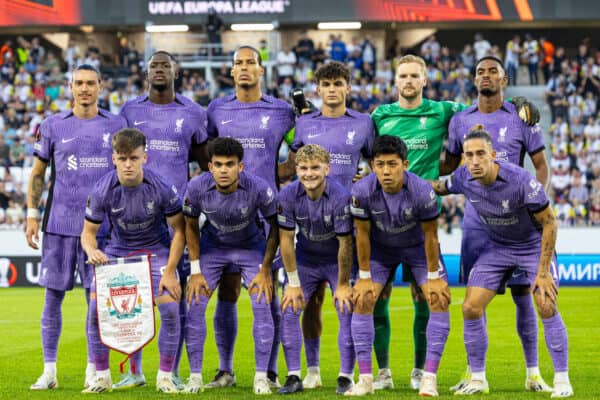 LINZ, AUSTRIA - Thursday, September 21, 2023: Liverpool's players line-up for a team group photograph before the UEFA Europa League Group E matchday 1 game between LASK and Liverpool FC at the Raiffeisen Arena. (Pic by David Rawcliffe/Propaganda)