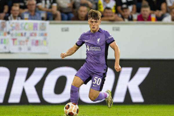 LINZ, AUSTRIA - Thursday, September 21, 2023: Liverpool's Ben Doak during the UEFA Europa League Group E matchday 1 game between LASK and Liverpool FC at the Raiffeisen Arena. (Pic by David Rawcliffe/Propaganda)