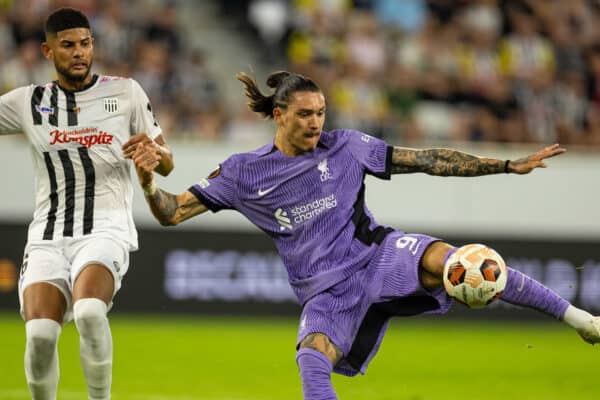 LINZ, AUSTRIA - Thursday, September 21, 2023: Liverpool's Darwin Núñez shoots during the UEFA Europa League Group E matchday 1 game between LASK and Liverpool FC at the Raiffeisen Arena. (Pic by David Rawcliffe/Propaganda)