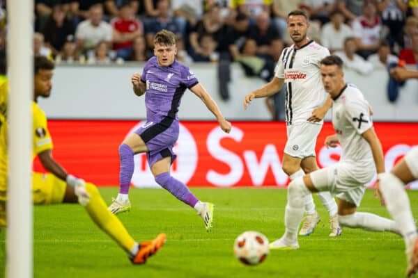 LINZ, AUSTRIA - Thursday, September 21, 2023: Liverpool's Ben Doak crosses the ball during the UEFA Europa League Group E matchday 1 game between LASK and Liverpool FC at the Raiffeisen Arena. (Pic by David Rawcliffe/Propaganda)