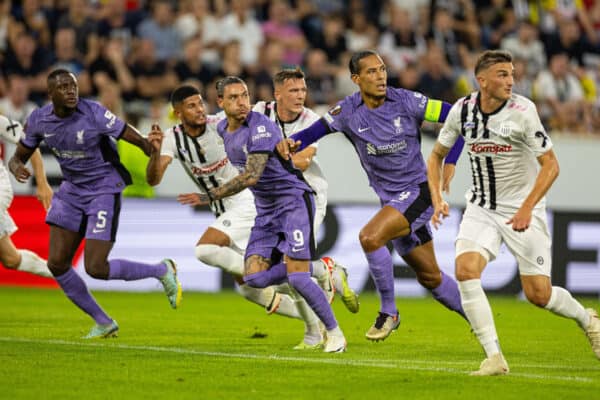 LINZ, AUSTRIA - Thursday, September 21, 2023: Liverpool's Ibrahima Konaté, Darwin Núñez and captain Virgil van Dijk during the UEFA Europa League Group E matchday 1 game between LASK and Liverpool FC at the Raiffeisen Arena. (Pic by David Rawcliffe/Propaganda)