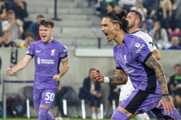 LINZ, AUSTRIA - Thursday, September 21, 2023: Liverpool's Darwin Núñez celebrates after scoring his side's first equalising goal from a penalty kick during the UEFA Europa League Group E matchday 1 game between LASK and Liverpool FC at the Raiffeisen Arena. (Pic by David Rawcliffe/Propaganda)