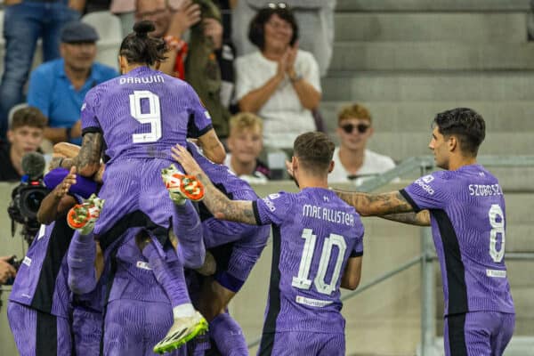 LINZ, AUSTRIA - Thursday, September 21, 2023: Liverpool's Luis Díaz (hidden) celebrates with team-mates after scoring the second goal during the UEFA Europa League Group E matchday 1 game between LASK and Liverpool FC at the Raiffeisen Arena. (Pic by David Rawcliffe/Propaganda)