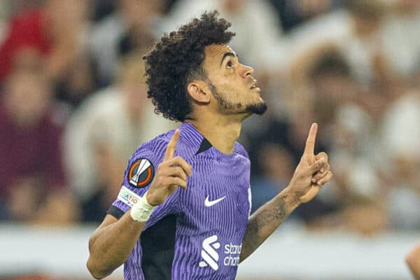 LINZ, AUSTRIA - Thursday, September 21, 2023: Liverpool's Luis Díaz celebrates after scoring the second goal during the UEFA Europa League Group E matchday 1 game between LASK and Liverpool FC at the Raiffeisen Arena. (Pic by David Rawcliffe/Propaganda)