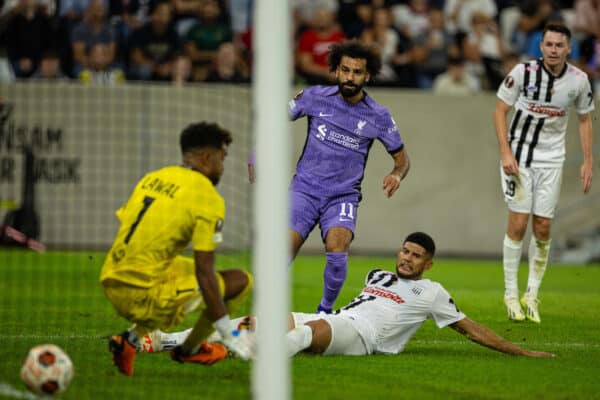 LINZ, AUSTRIA - Thursday, September 21, 2023: Liverpool's Mohamed Salah scores the third goal during the UEFA Europa League Group E matchday 1 game between LASK and Liverpool FC at the Raiffeisen Arena. (Pic by David Rawcliffe/Propaganda)