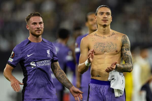 LINZ, AUSTRIA - Thursday, September 21, 2023: Liverpool's Darwin Núñez applauds the supporters after the UEFA Europa League Group E matchday 1 game between LASK and Liverpool FC at the Raiffeisen Arena. Liverpool won 3-1. (Pic by David Rawcliffe/Propaganda)