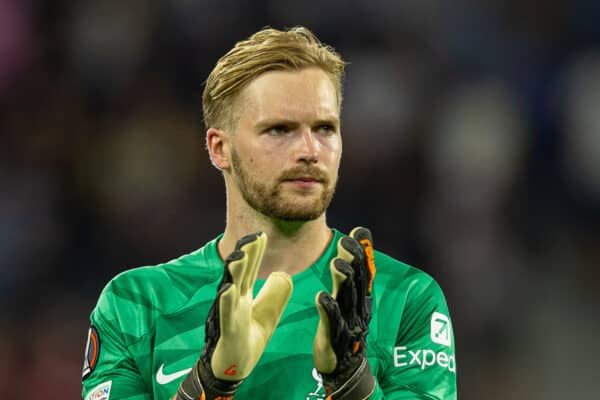 LINZ, AUSTRIA - Thursday, September 21, 2023: Liverpool's goalkeeper Caoimhin Kelleher applauds the supporters after the UEFA Europa League Group E matchday 1 game between LASK and Liverpool FC at the Raiffeisen Arena. Liverpool won 3-1. (Pic by David Rawcliffe/Propaganda)