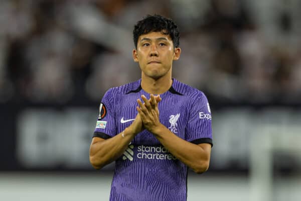 LINZ, AUSTRIA - Thursday, September 21, 2023: Liverpool's Wataru Endo applauds the supporters after the UEFA Europa League Group E matchday 1 game between LASK and Liverpool FC at the Raiffeisen Arena. Liverpool won 3-1. (Pic by David Rawcliffe/Propaganda)