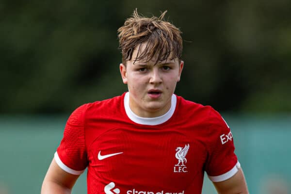 LIVERPOOL, ENGLAND - Saturday, September 23, 2023: Liverpool's Ben Trueman during the Under-18 Premier League North match between Liverpool FC Under-18's and Everton FC Under-18's, the Mini-Mini-Merseyside Derby, at the Liverpool Academy. (Pic by David Rawcliffe/Propaganda)