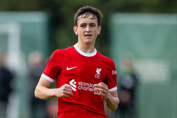 LIVERPOOL, ENGLAND - Saturday, September 23, 2023: Liverpool's Lucas Pitt during the Under-18 Premier League North match between Liverpool FC Under-18's and Everton FC Under-18's, the Mini-Mini-Merseyside Derby, at the Liverpool Academy. (Pic by David Rawcliffe/Propaganda)