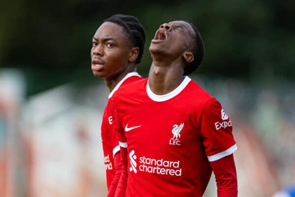 LIVERPOOL, ENGLAND - Saturday, September 23, 2023: Liverpool's Trey Nyoni (R) looks dejected after missing a chance during the Under-18 Premier League North match between Liverpool FC Under-18's and Everton FC Under-18's, the Mini-Mini-Merseyside Derby, at the Liverpool Academy. (Pic by David Rawcliffe/Propaganda)