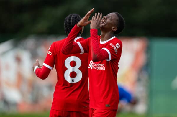 LIVERPOOL, ENGLAND - Saturday, September 23, 2023: Liverpool's Trey Nyoni reacts after missing a chance during the Under-18 Premier League North match between Liverpool FC Under-18's and Everton FC Under-18's, the Mini-Mini-Merseyside Derby, at the Liverpool Academy. (Pic by David Rawcliffe/Propaganda)