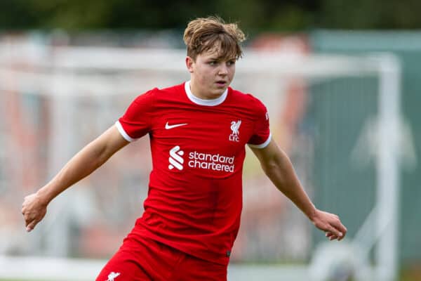 LIVERPOOL, ENGLAND - Saturday, September 23, 2023: Liverpool's Ben Trueman during the Under-18 Premier League North match between Liverpool FC Under-18's and Everton FC Under-18's, the Mini-Mini-Merseyside Derby, at the Liverpool Academy. (Pic by David Rawcliffe/Propaganda)