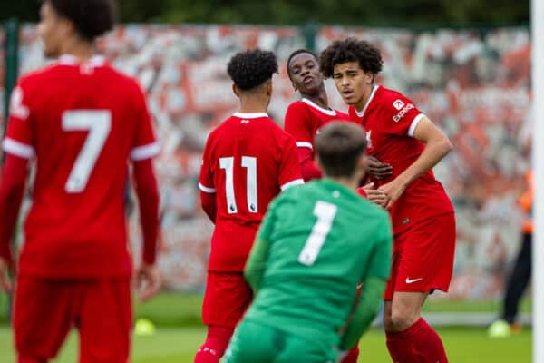 LIVERPOOL, ENGLAND - Saturday, September 23, 2023: Liverpool's Jayden Danns (R) celebrates after scoring the first equalising goal during the Under-18 Premier League North match between Liverpool FC Under-18's and Everton FC Under-18's, the Mini-Mini-Merseyside Derby, at the Liverpool Academy. (Pic by David Rawcliffe/Propaganda)