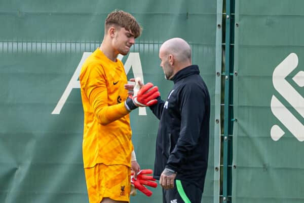 LIVERPOOL, ENGLAND - Saturday, September 23, 2023: Liverpool's goalkeeper Kornel Misciur goes off with an injury during the Under-18 Premier League North match between Liverpool FC Under-18's and Everton FC Under-18's, the Mini-Mini-Merseyside Derby, at the Liverpool Academy. (Pic by David Rawcliffe/Propaganda)