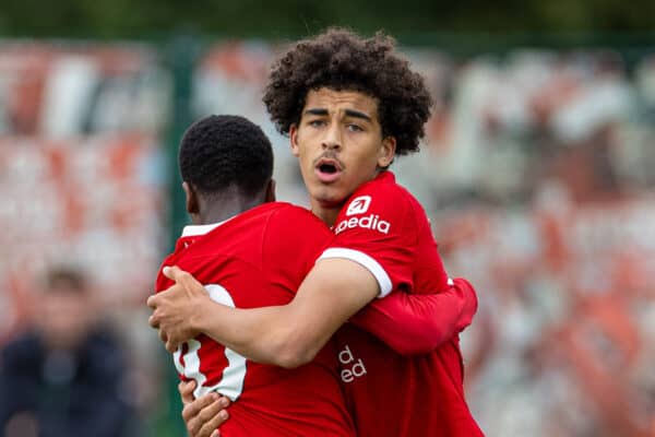 LIVERPOOL, ENGLAND - Saturday, September 23, 2023: Liverpool's Jayden Danns (R) celebrates after scoring the first equalising goal during the Under-18 Premier League North match between Liverpool FC Under-18's and Everton FC Under-18's, the Mini-Mini-Merseyside Derby, at the Liverpool Academy. (Pic by David Rawcliffe/Propaganda)