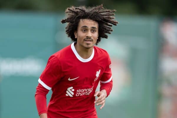 LIVERPOOL, ENGLAND - Saturday, September 23, 2023: Liverpool's substitute Kareem Ahmed during the Under-18 Premier League North match between Liverpool FC Under-18's and Everton FC Under-18's, the Mini-Mini-Merseyside Derby, at the Liverpool Academy. (Pic by David Rawcliffe/Propaganda)