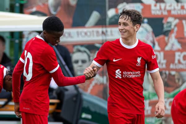 LIVERPOOL, ENGLAND - Saturday, September 23, 2023: Liverpool's Trey Nyoni (#10) celebrates after scoring the winning second goal during the Under-18 Premier League North match between Liverpool FC Under-18's and Everton FC Under-18's, the Mini-Mini-Merseyside Derby, at the Liverpool Academy. (Pic by David Rawcliffe/Propaganda)