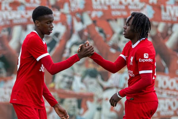 LIVERPOOL, ENGLAND - Saturday, September 23, 2023: Liverpool's Trey Nyoni (L) celebrates with team-mate substitute Francis Gyimah after scoring the winning second goal during the Under-18 Premier League North match between Liverpool FC Under-18's and Everton FC Under-18's, the Mini-Mini-Merseyside Derby, at the Liverpool Academy. (Pic by David Rawcliffe/Propaganda)