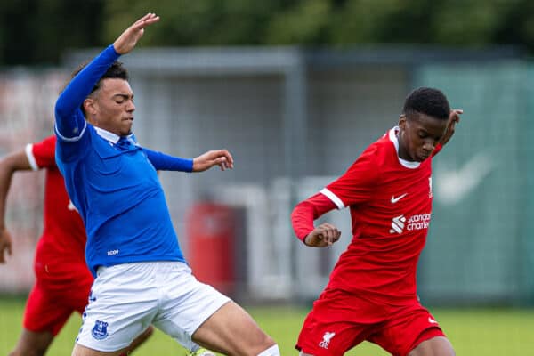 LIVERPOOL, ENGLAND - Saturday, September 23, 2023: Liverpool's Trey Nyoni (R) is challenged by Everton's Jacob Beaumont-Clark during the Under-18 Premier League North match between Liverpool FC Under-18's and Everton FC Under-18's, the Mini-Mini-Merseyside Derby, at the Liverpool Academy. (Pic by David Rawcliffe/Propaganda)