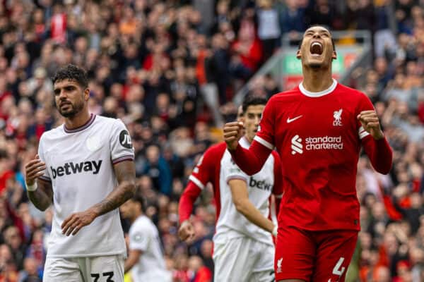 LIVERPOOL, ENGLAND - Sunday, September 24, 2023: Liverpool's captain Virgil van Dijk celebrates his side's third goal during the FA Premier League match between Liverpool FC and West Ham United FC at Anfield. (Pic by David Rawcliffe/Propaganda)