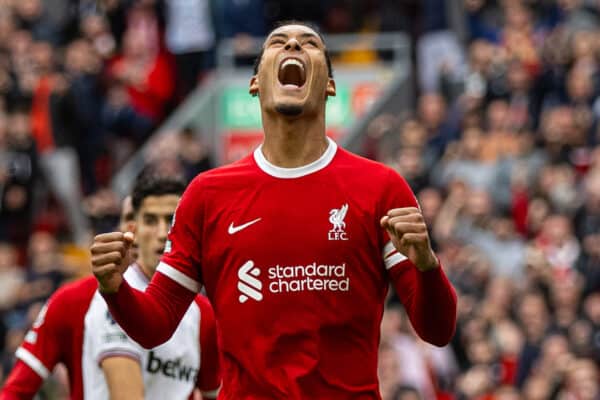 LIVERPOOL, ENGLAND - Sunday, September 24, 2023: Liverpool's captain Virgil van Dijk celebrates his side's third goal during the FA Premier League match between Liverpool FC and West Ham United FC at Anfield. (Pic by David Rawcliffe/Propaganda)