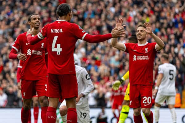  Liverpool's Diogo Jota (R) celebrates with team-mate captain Virgil van Dijk after scoring the third goal during the FA Premier League match between Liverpool FC and West Ham United FC at Anfield. (Pic by David Rawcliffe/Propaganda)