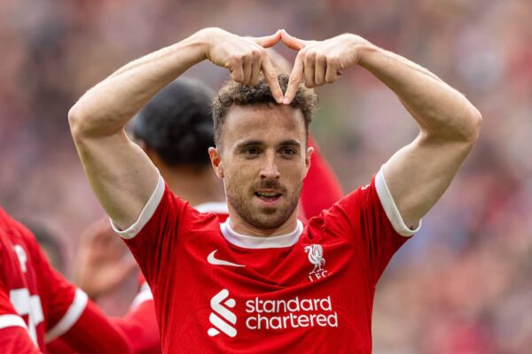 LIVERPOOL, ENGLAND - Sunday, September 24, 2023: Liverpool's Diogo Jota celebrates after scoring the third goal during the FA Premier League match between Liverpool FC and West Ham United FC at Anfield. (Pic by David Rawcliffe/Propaganda)