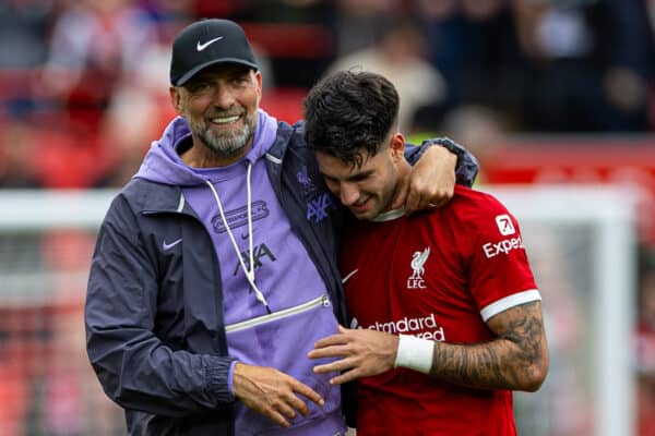 LIVERPOOL, ENGLAND - Sunday, September 24, 2023: Liverpool's manager Jürgen Klopp celebrates with Dominik Szoboszlai after the FA Premier League match between Liverpool FC and West Ham United FC at Anfield. (Pic by David Rawcliffe/Propaganda)