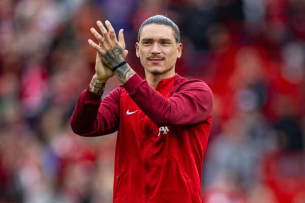 LIVERPOOL, ENGLAND - Sunday, September 24, 2023: Liverpool's goal-scorer Darwin Núñez celebrates after the FA Premier League match between Liverpool FC and West Ham United FC at Anfield. (Pic by David Rawcliffe/Propaganda)