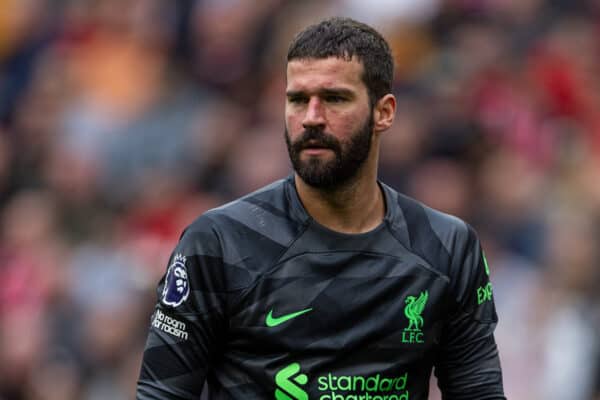 Liverpool, England - Sunday, September 24, 2023: Liverpool's goalkeeper Alisson Becker during the FA Premier League match between Liverpool FC and West Ham United FC at Anfield.  (Photo by David Rawcliffe/Publicity)