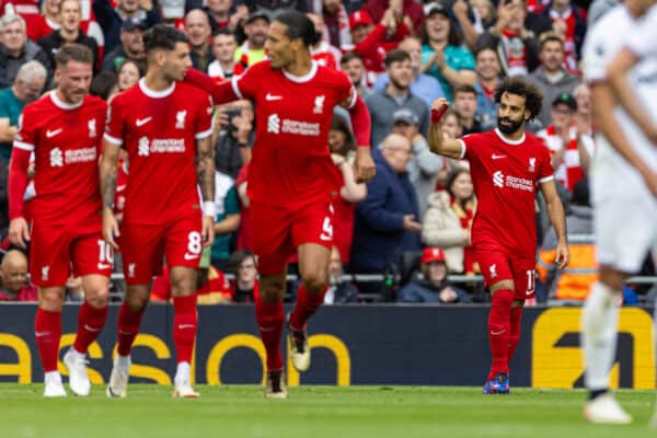 LIVERPOOL, ENGLAND - Sunday, September 24, 2023: Liverpool's Mohamed Salah celebrates after scoring the opening goal during the FA Premier League match between Liverpool FC and West Ham United FC at Anfield. (Pic by David Rawcliffe/Propaganda)