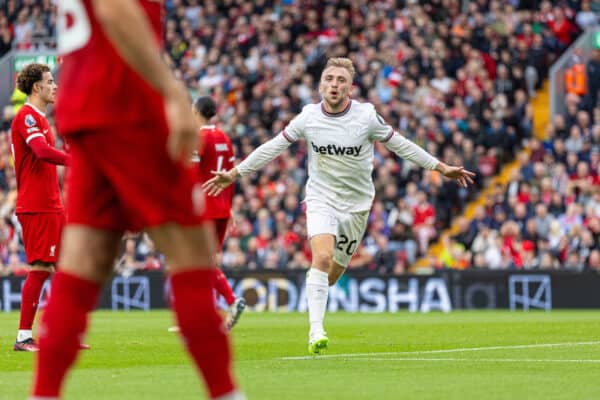 LIVERPOOL, ENGLAND - Sunday, September 24, 2023: West Ham United's Jarrod Bowen celebrates after scoring the first equalising goal during the FA Premier League match between Liverpool FC and West Ham United FC at Anfield. (Pic by David Rawcliffe/Propaganda)