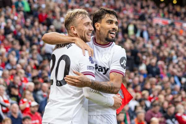 LIVERPOOL, ENGLAND - Sunday, September 24, 2023: West Ham United's Jarrod Bowen (L) celebrates with team-mate Lucas Paquetá after scoring the first equalising goal during the FA Premier League match between Liverpool FC and West Ham United FC at Anfield. (Pic by David Rawcliffe/Propaganda)