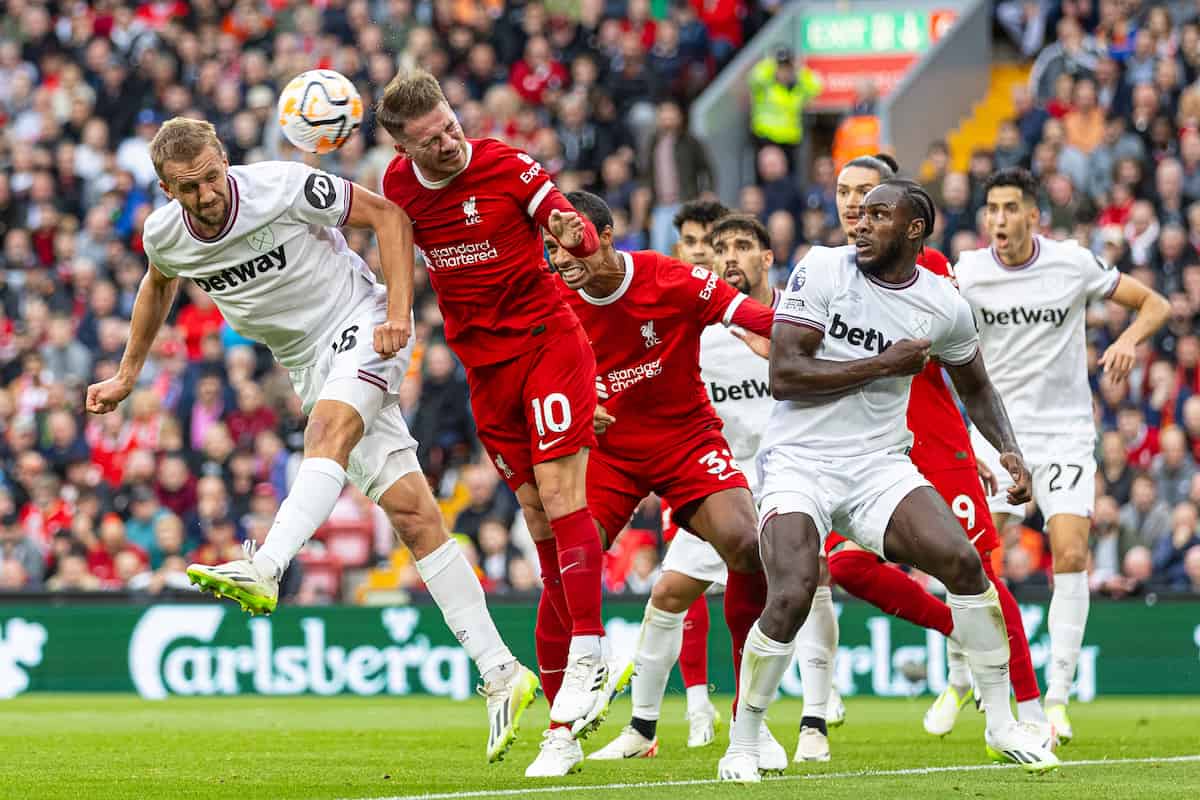 LIVERPOOL, ENGLAND - Sunday, September 24, 2023: West Ham United's Tomáš Sou?ek (L) challenges for a header with Liverpool's Alexis Mac Allister during the FA Premier League match between Liverpool FC and West Ham United FC at Anfield. (Pic by David Rawcliffe/Propaganda)