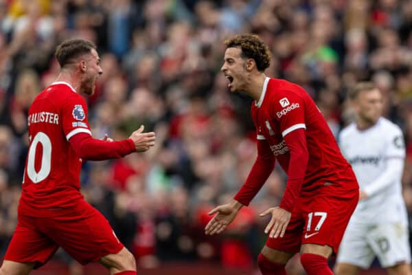 LIVERPOOL, ENGLAND - Sunday, September 24, 2023: Liverpool's Curtis Jones (R) and Alexis Mac Allister celebrate their side's second goal during the FA Premier League match between Liverpool FC and West Ham United FC at Anfield. (Pic by David Rawcliffe/Propaganda)