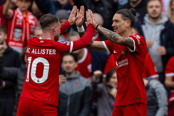 LIVERPOOL, ENGLAND - Sunday, September 24, 2023: Liverpool's Darwin Núñez (R) celebrates with team-mate Alexis Mac Allister after scoring the second goal during the FA Premier League match between Liverpool FC and West Ham United FC at Anfield. (Pic by David Rawcliffe/Propaganda)