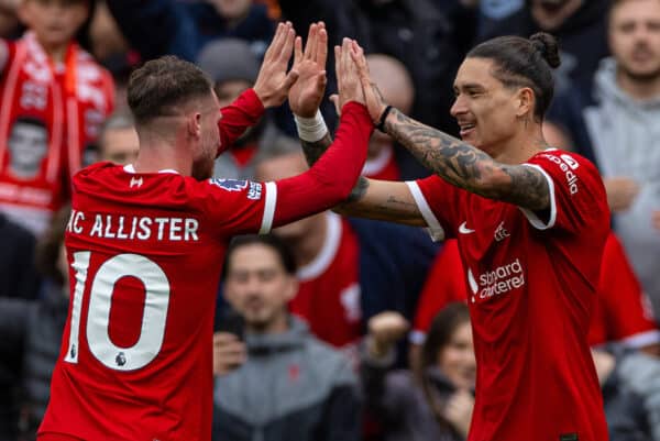 LIVERPOOL, ENGLAND - Sunday, September 24, 2023: Liverpool's Darwin Núñez (R) celebrates with team-mate Alexis Mac Allister after scoring the second goal during the FA Premier League match between Liverpool FC and West Ham United FC at Anfield. (Pic by David Rawcliffe/Propaganda)