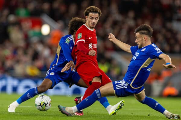 LIVERPOOL, ENGLAND - Wednesday, September 27, 2023: Liverpool's Curtis Jones during the Football League Cup 3rd Round match between Liverpool FC and Leicester City FC at Anfield. (Pic by David Rawcliffe/Propaganda)