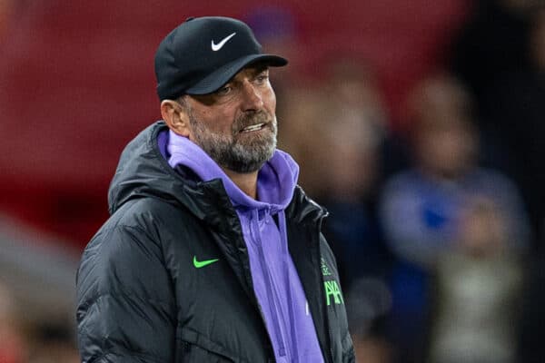 LIVERPOOL, ENGLAND - Wednesday, September 27, 2023: Liverpool's manager Jürgen Klopp during the Football League Cup 3rd Round match between Liverpool FC and Leicester City FC at Anfield. (Pic by David Rawcliffe/Propaganda)