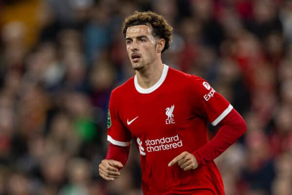 LIVERPOOL, ENGLAND - Wednesday, September 27, 2023: Liverpool's Curtis Jones during the Football League Cup 3rd Round match between Liverpool FC and Leicester City FC at Anfield. (Pic by David Rawcliffe/Propaganda)