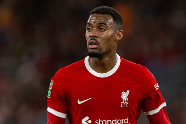 LIVERPOOL, ENGLAND - Wednesday, September 27, 2023: Liverpool's Ryan Gravenberch during the Football League Cup 3rd Round match between Liverpool FC and Leicester City FC at Anfield. (Pic by David Rawcliffe/Propaganda)